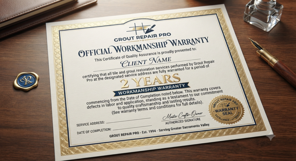 Official 2-Year Workmanship Warranty certificate for Grout Repair Pro, guaranteeing high-quality tile and grout restoration services in the Greater Sacramento Area.