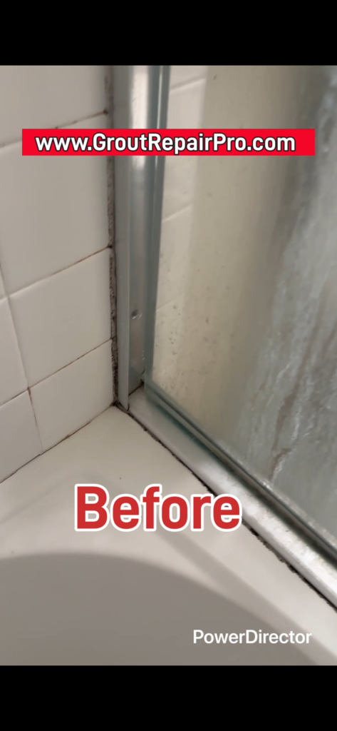 Mold accumulation at failed silicone joint between bathtub and tile wall