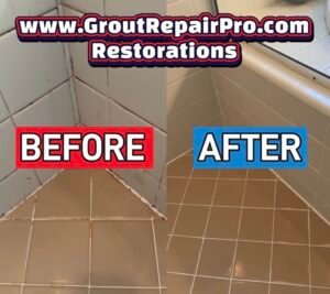 Side-by-side comparison of a shower corner before and after grout restoration by Grout Repair Pro, showing dirty, stained grout on the left and clean, bright tile and fresh grout on the right.