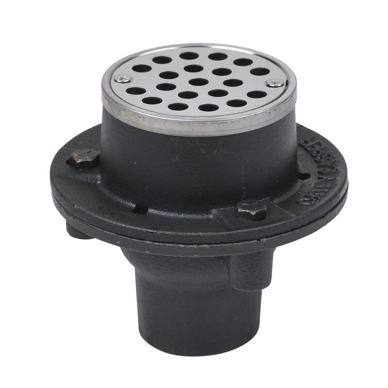 New three piece clamping shower drain diagram showing built in weep holes