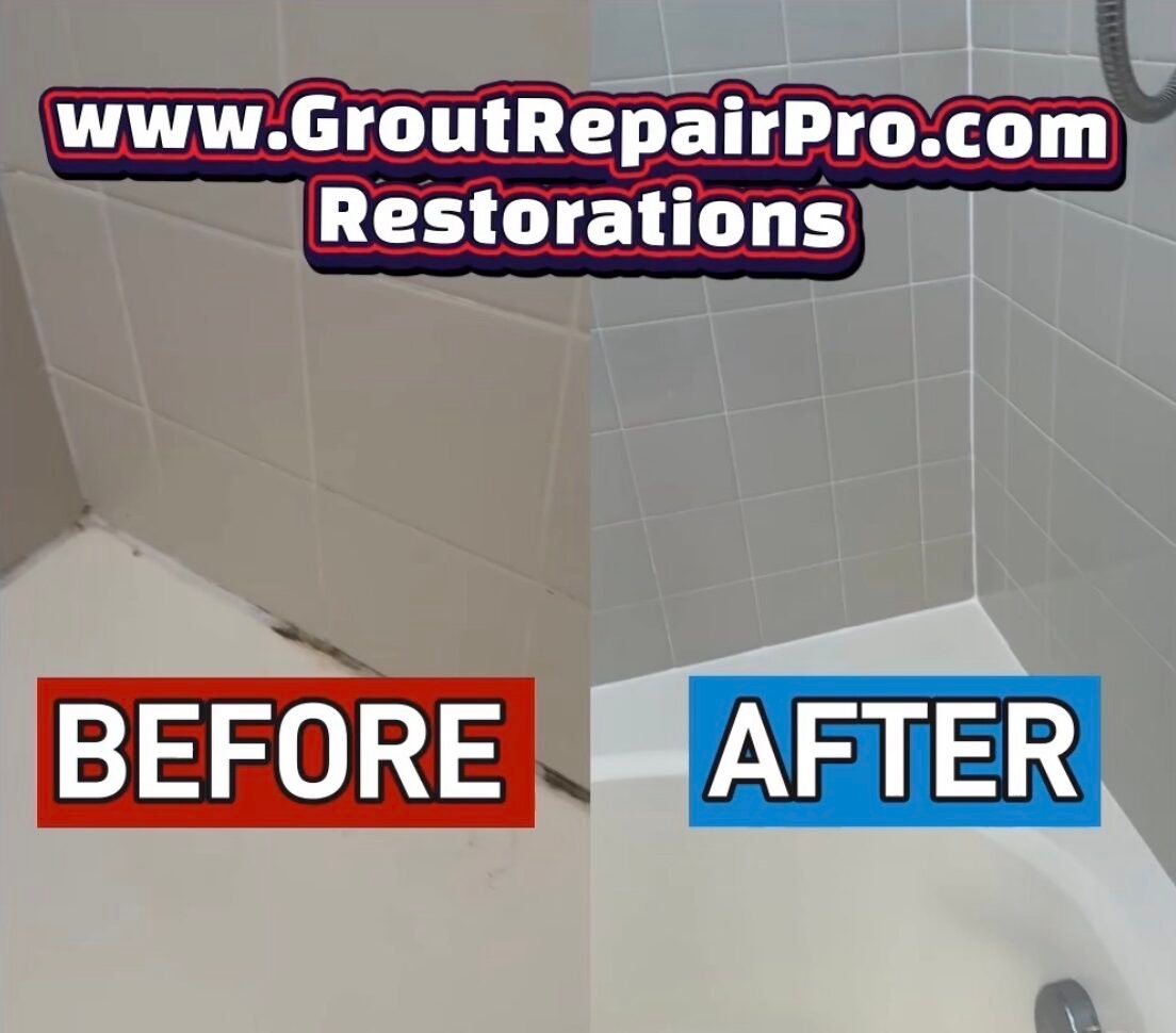 Before and after bathtub silicone recaulking service in Sacramento showing moldy caulk replacement.