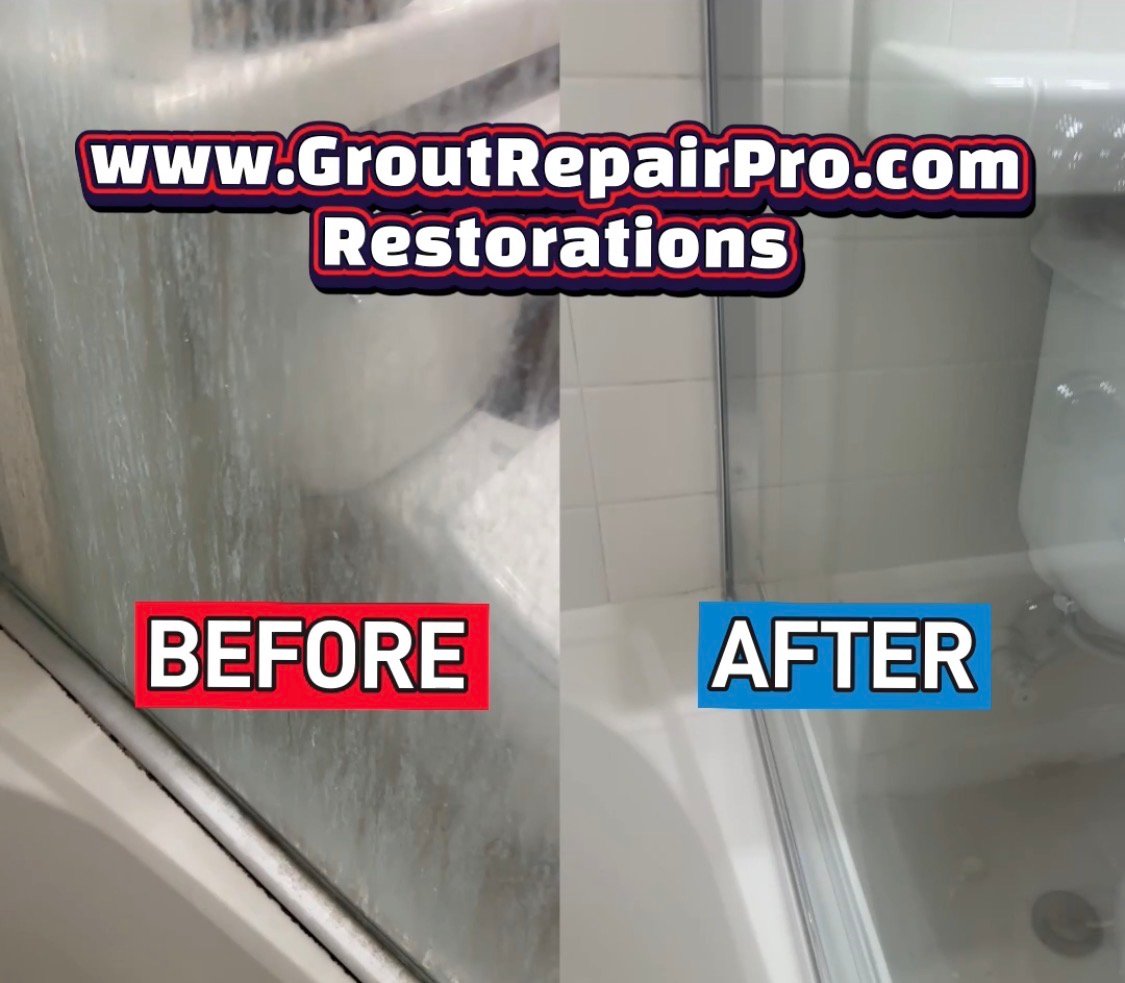 Before and after split image showing heavy hard water stain removal on a glass shower door, restoring it to complete clarity.⁠