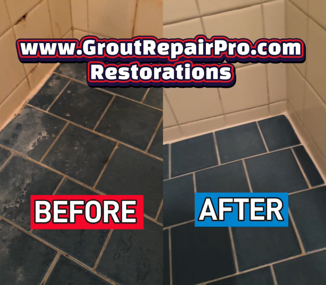 Before and after comparison of a shower tile floor restoration showing heavily stained blue tiles and discolored grout restored to clean tiles and white grout line.⁠